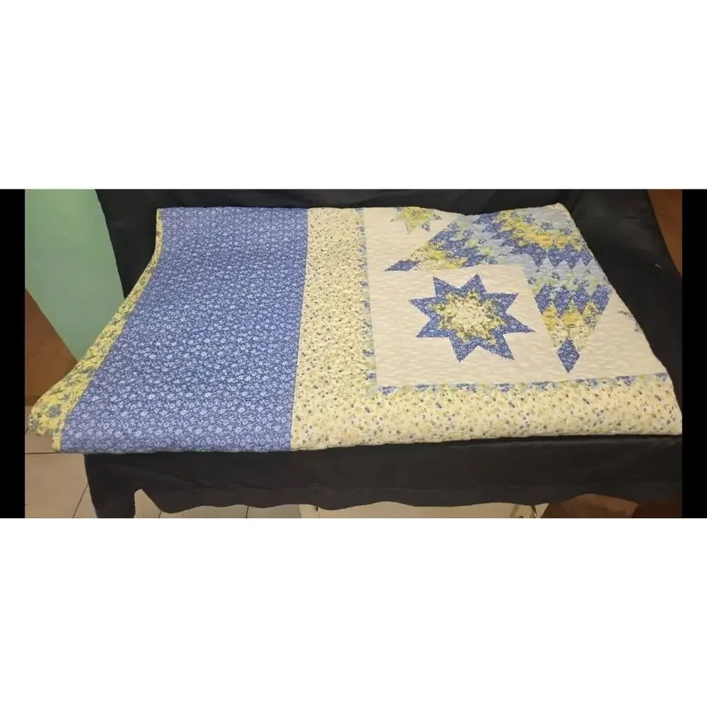 Full Size Quilt and Sham Lonestar Patchwork Quilt Blue Yellow White 84